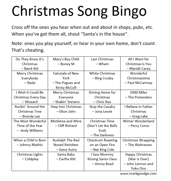 Christmas Song Bingo Mark s Musings Christmas Song Bingo Mark s Musings